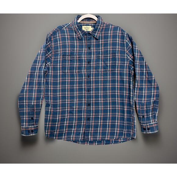 The Normal Brand Shirt Mens Large Blue Plaid Twill Button Up Work Preppy - Picture 2 of 11
